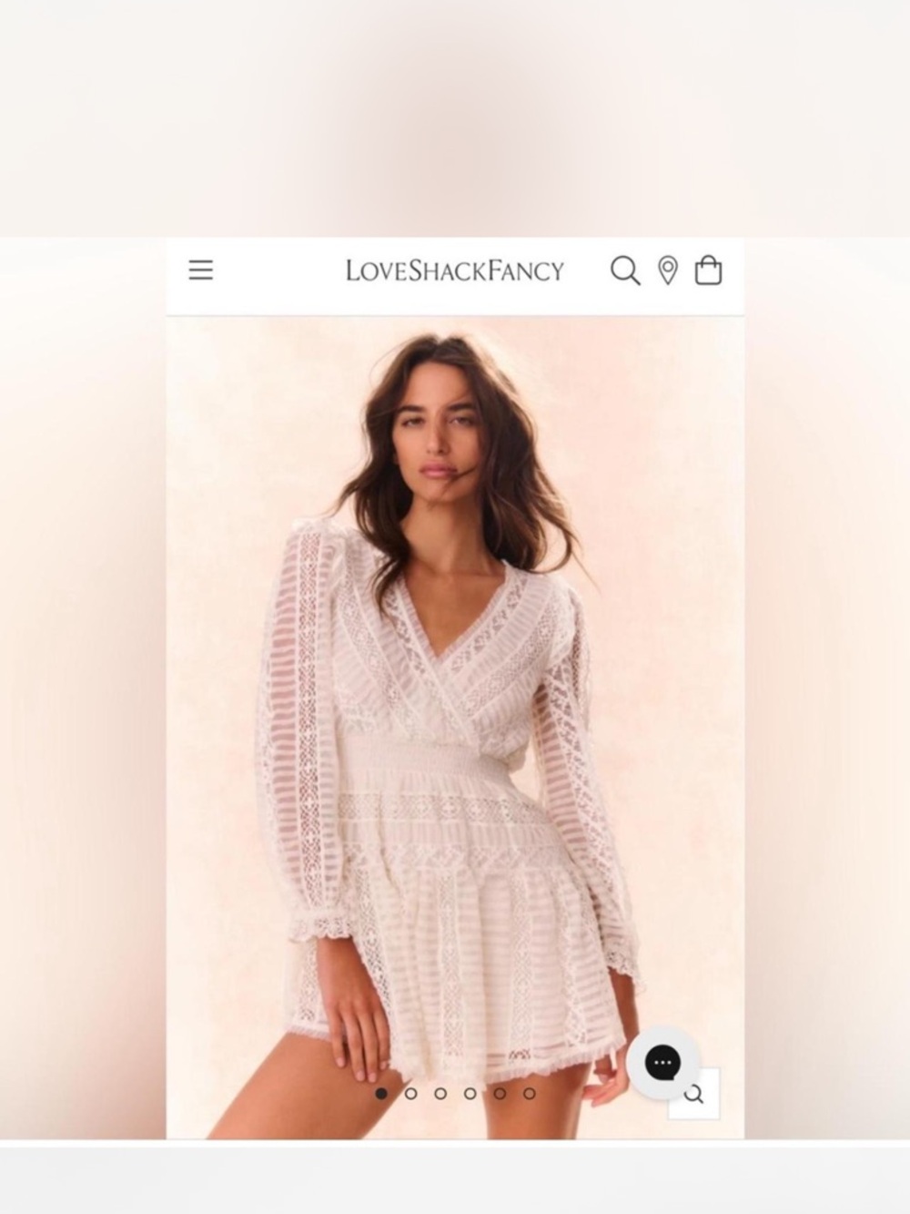 LoveShackFancy White Lace V-Neck Long-Sleeve Mini Dress